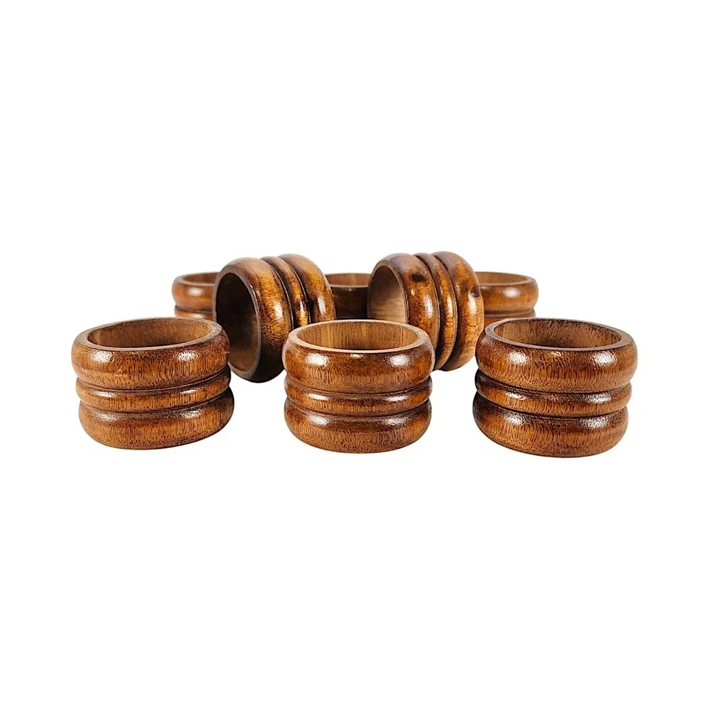 Dark Ribbed Wood Napkin Holders Rings, Set of 8